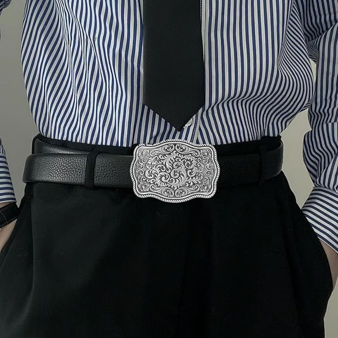 Western Cowboy Belt Buckles Men Vintage Novelty Large Handmade Silver Floral