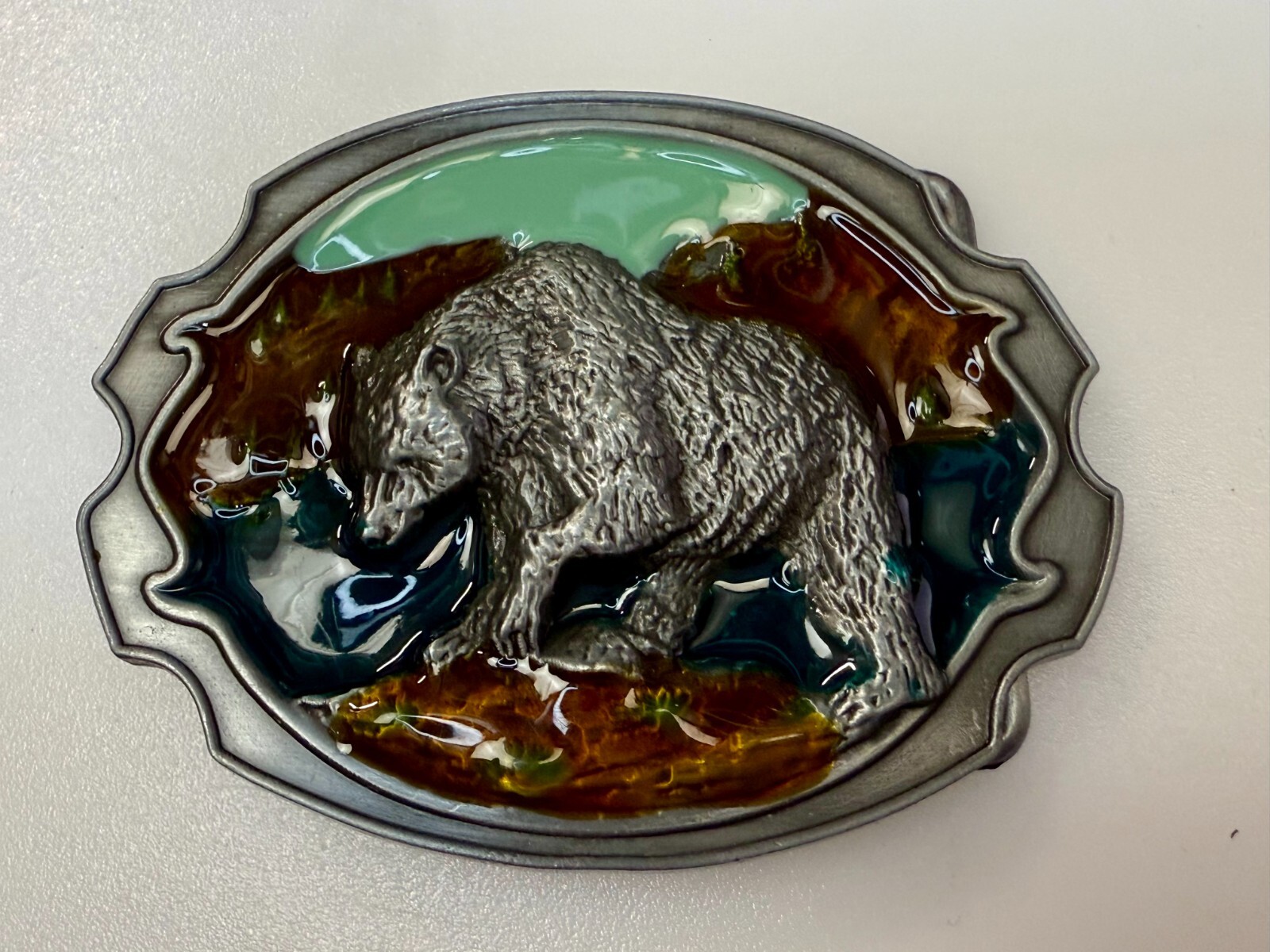 Southwestern Style Fishing Grizzly Bear Colorful Painted Belt Buckle