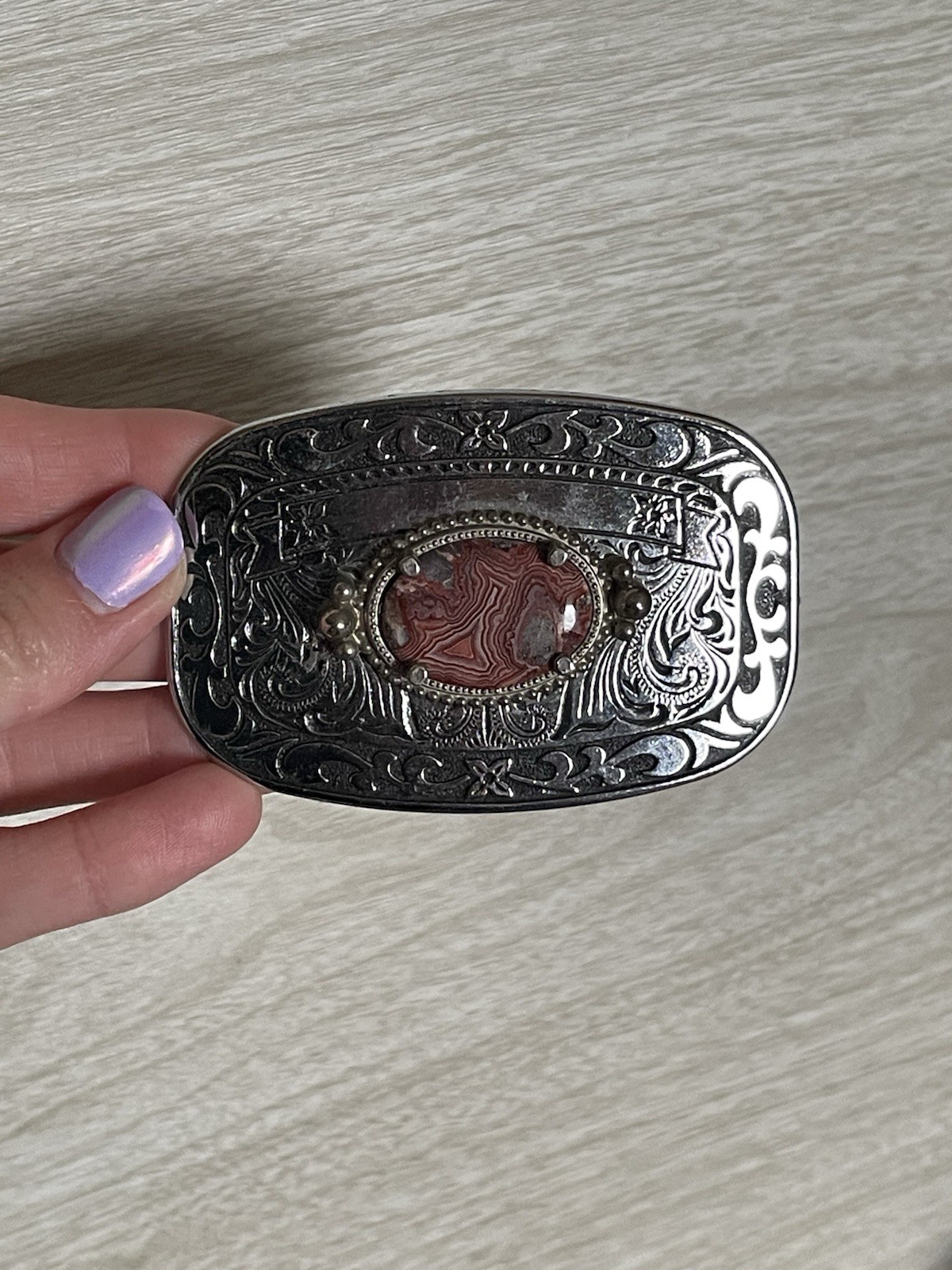 VTG Western Country Silver Tone Rhodochrosite Stone Belt Buckle 3.25&Prime; x 2&Prime;