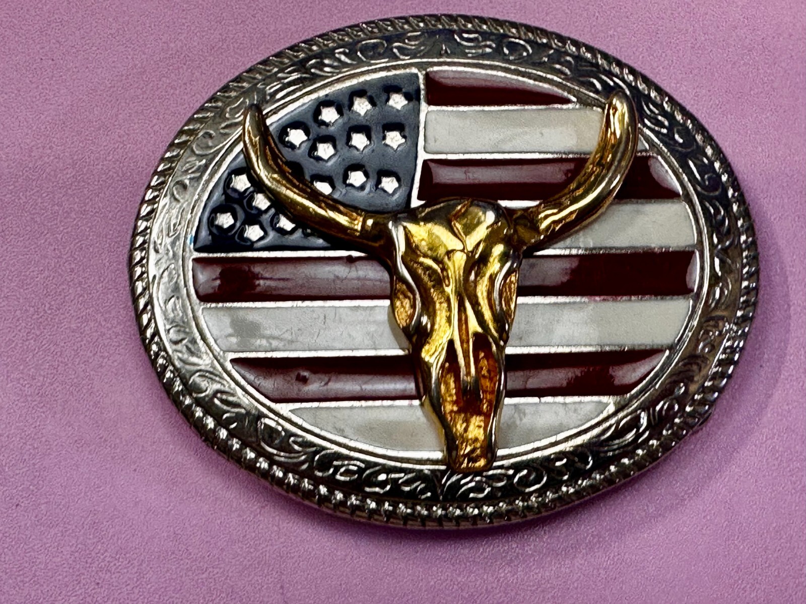 Texas Longhorn United States Flag Stars Stripes Forever Enameled Belt Buckle