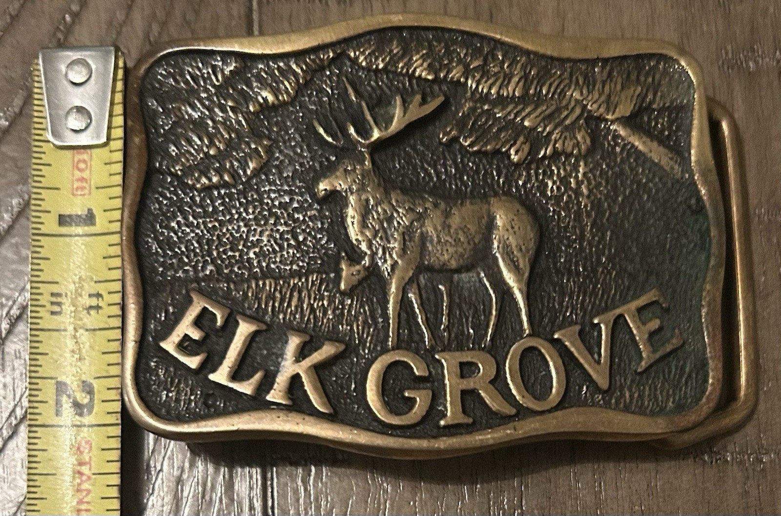 “Elk Grove” Collectors Vintage Brass Belt Buckle by D. Stewart & Co, Ione Ca