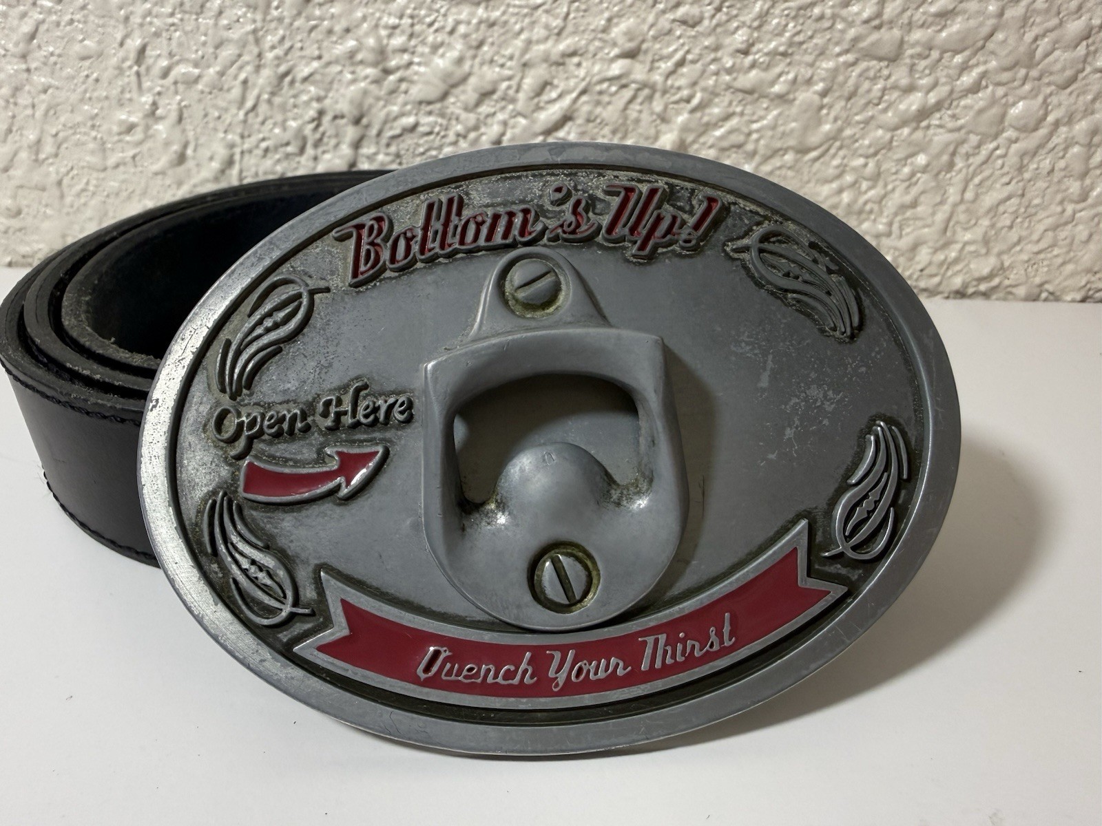 VTG Bottoms Up! Quench Your Thirst Open Here Belt Buckle Bottle Opener 48” Belt