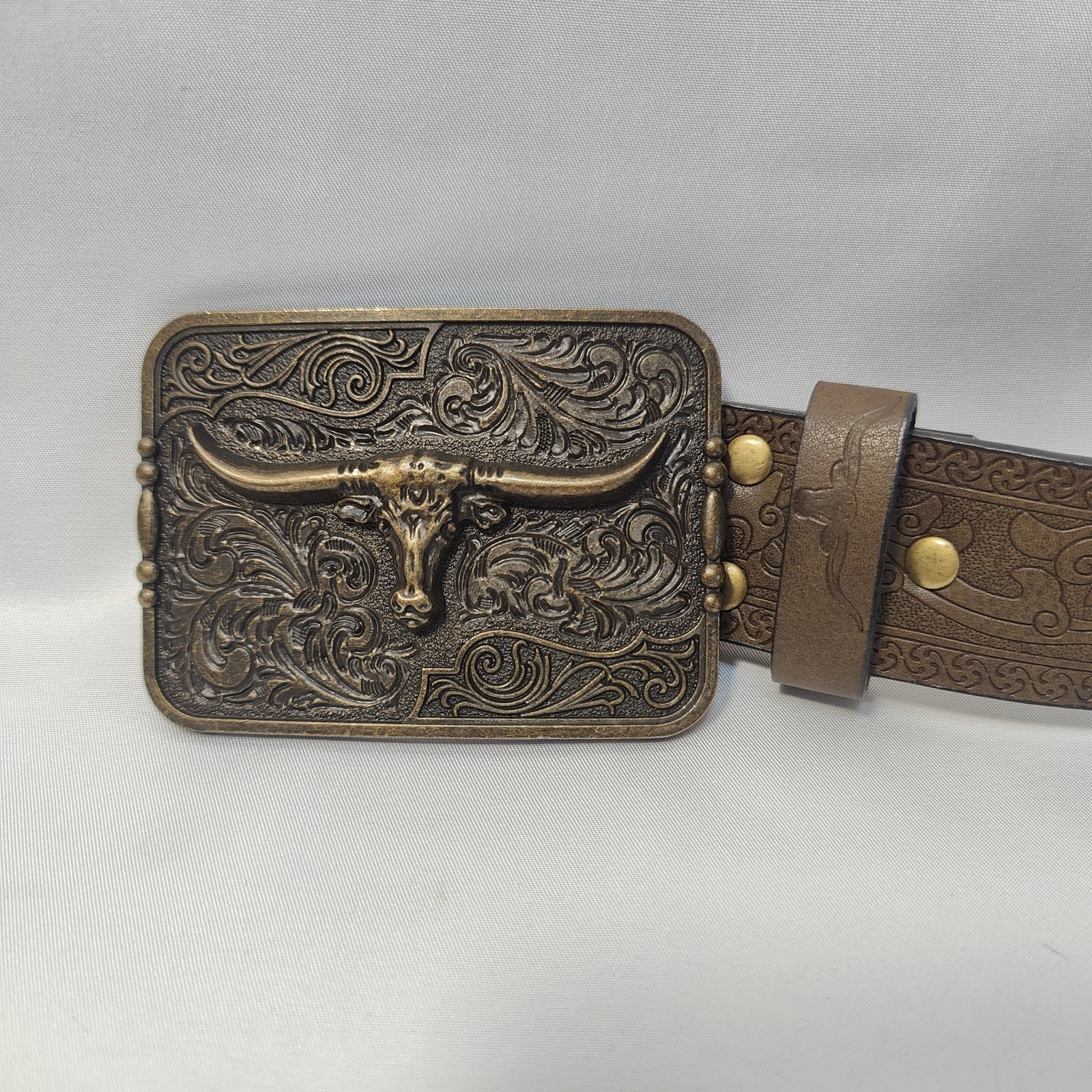 Long Horn Bull Western Cowboy Leather Belt & Buckle Vaquera Rodeo Con Toro, ~33&Prime;