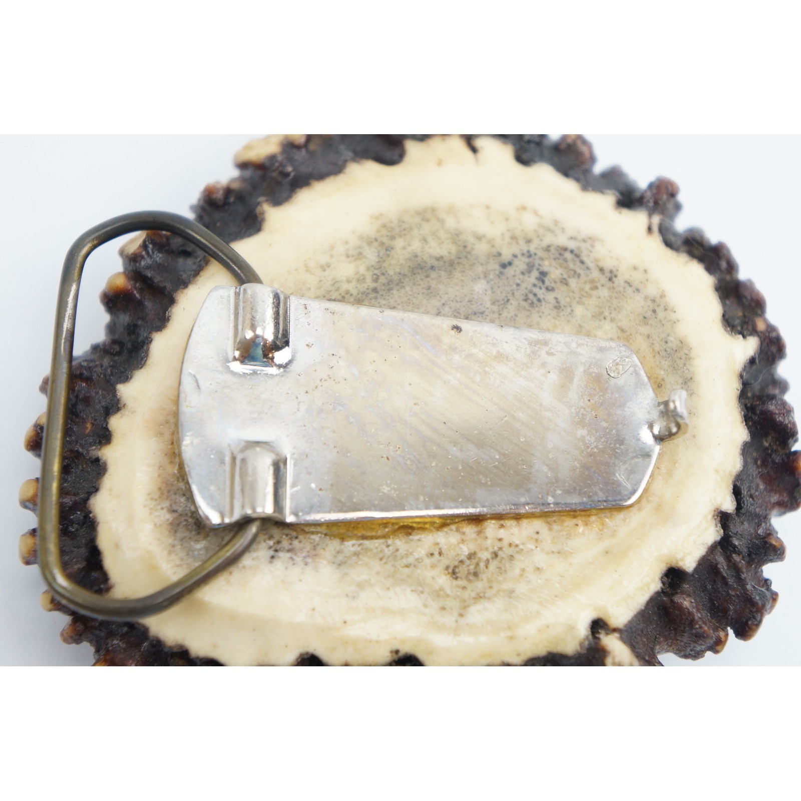 Vintage Handmade Elk Antler Burr Belt Buckle Brown Carved Wolf Wildlife EUC
