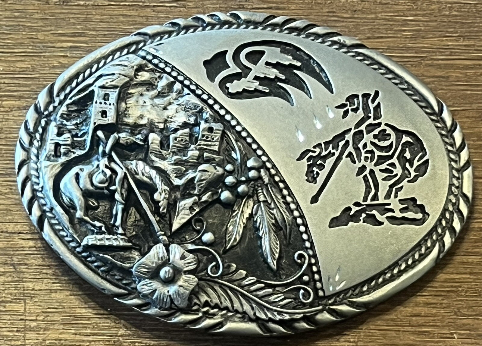 Vintage SSI Metal Handcrafted Belt Buckle Horses And Indian Nature Wildlife USA