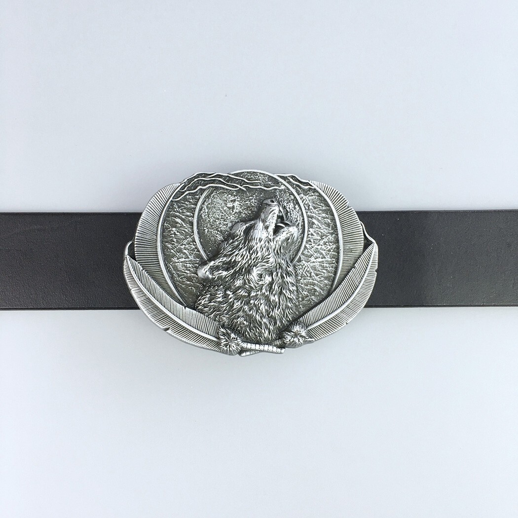 Antique Brushed Silver Western Wolf Moon Oval Belt Buckle Boucle de Ceinture