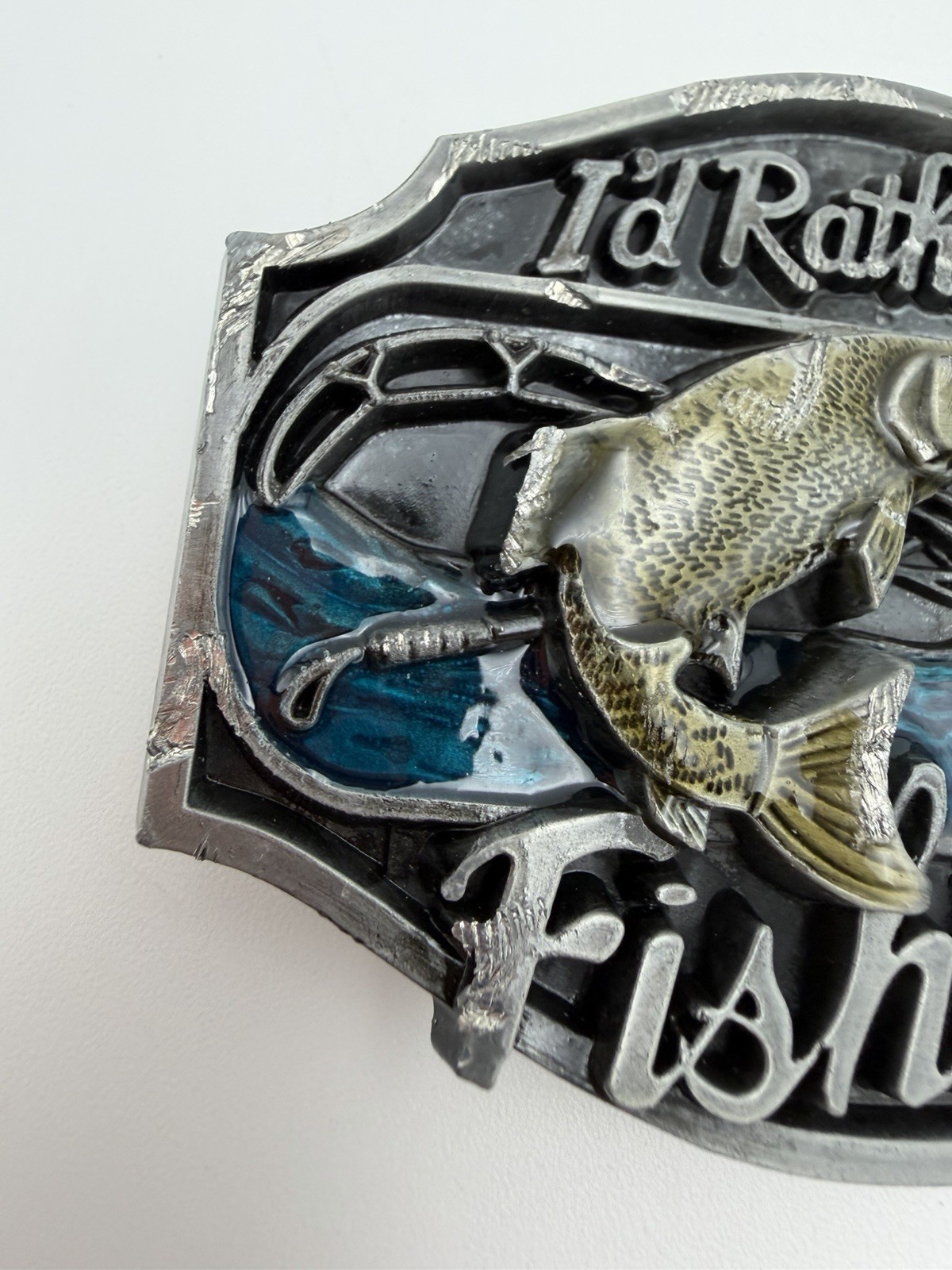“I&rsquo;d Rather Be Fishing” Novelty Humor Belt Buckle Silver Tone Enamel Preowned