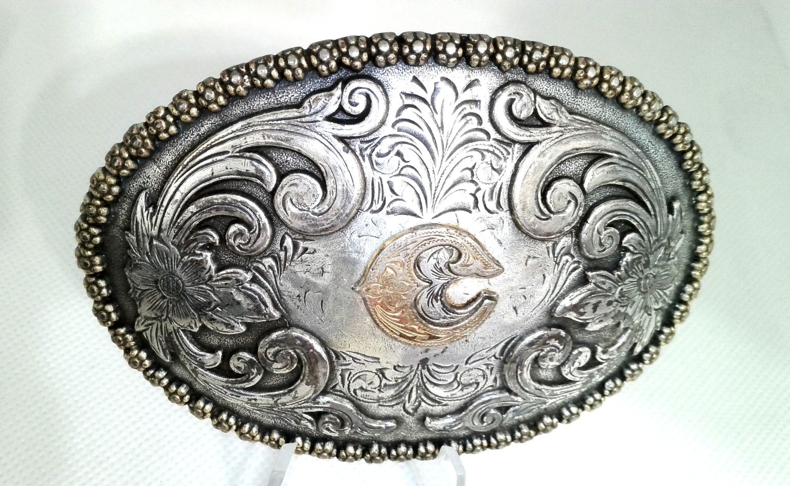 Nocona Western Belt Buckle Silver Gold Floral Oval Letter C