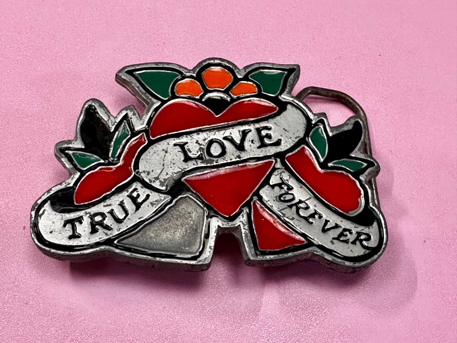 True Love Forever Three Hearts Ribbon Vintage Sailor Jerry Belt Buckle