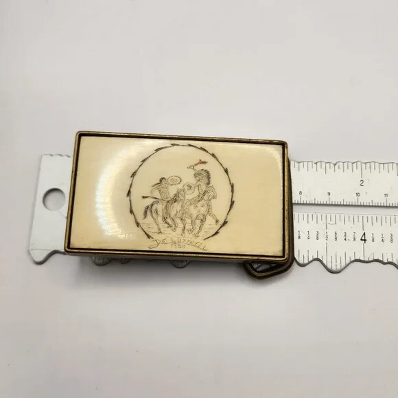 1980 Western Native American Scene Etched Bone Belt Buckle BTS Brass Artist Vtg