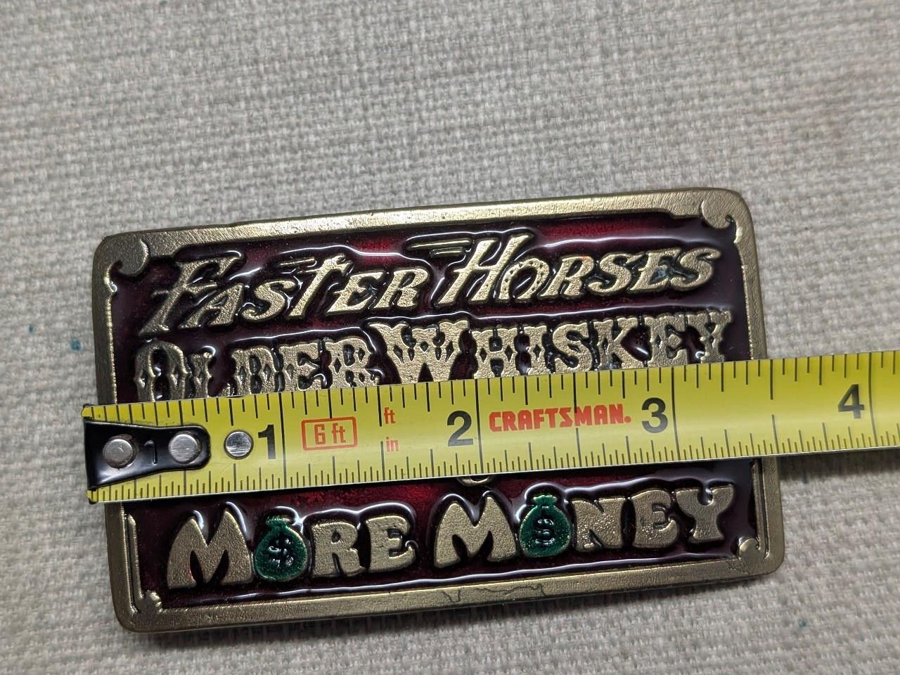 1970s vintage SOLID BRASS enamel WHISKEY money WOMEN horses WESTERN bourbon