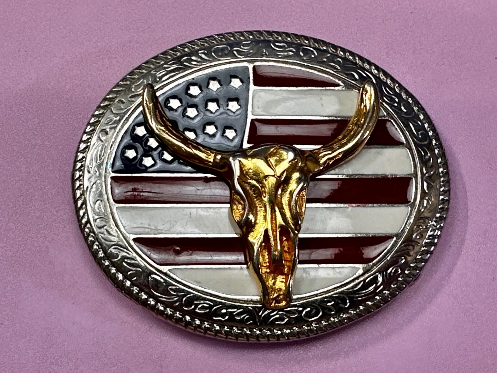 Texas Longhorn United States Flag Stars Stripes Forever Enameled Belt Buckle