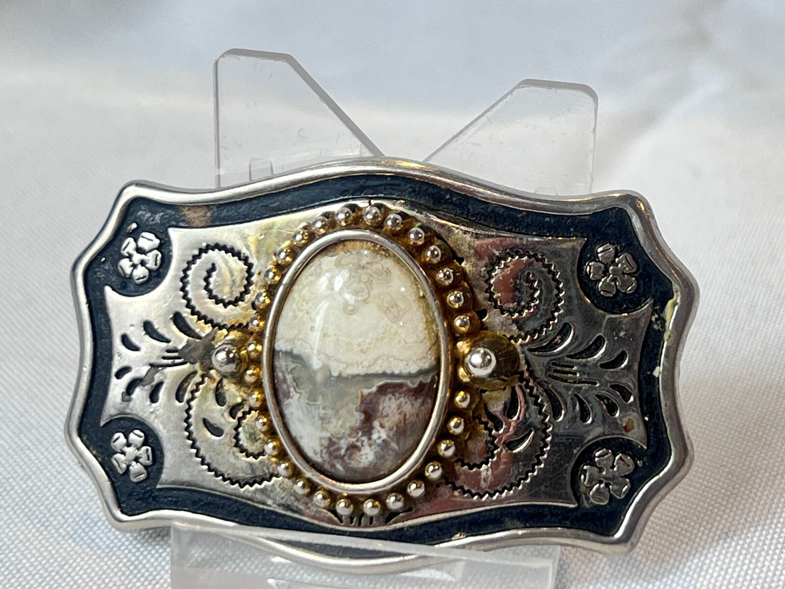 Vtg Western Style Belt Buckle Silvertone And Polished Cabochon Stone USA