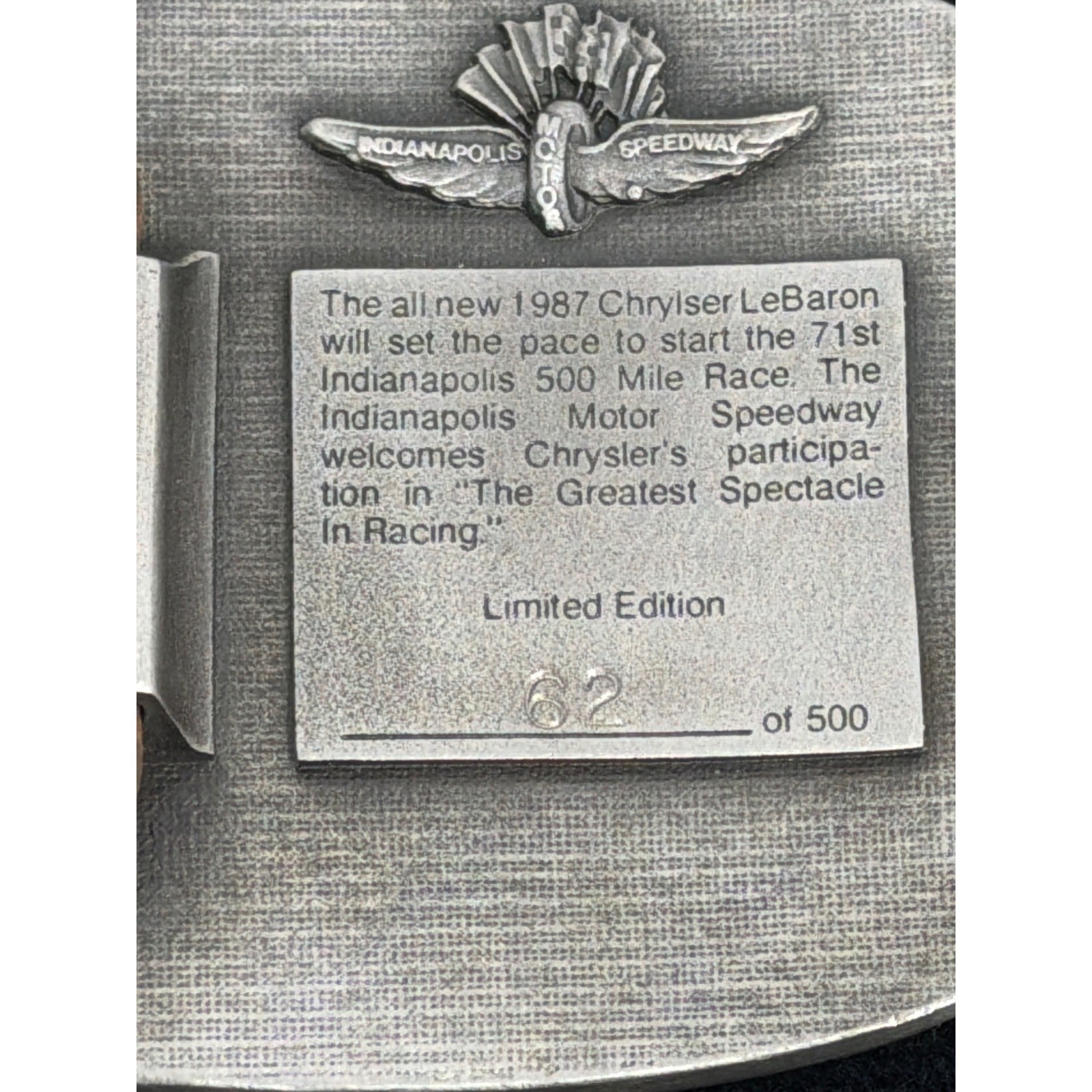 1987 Chrysler LeBaron Indy 500 Official Pace Car Pewter Belt Buckle 62/500