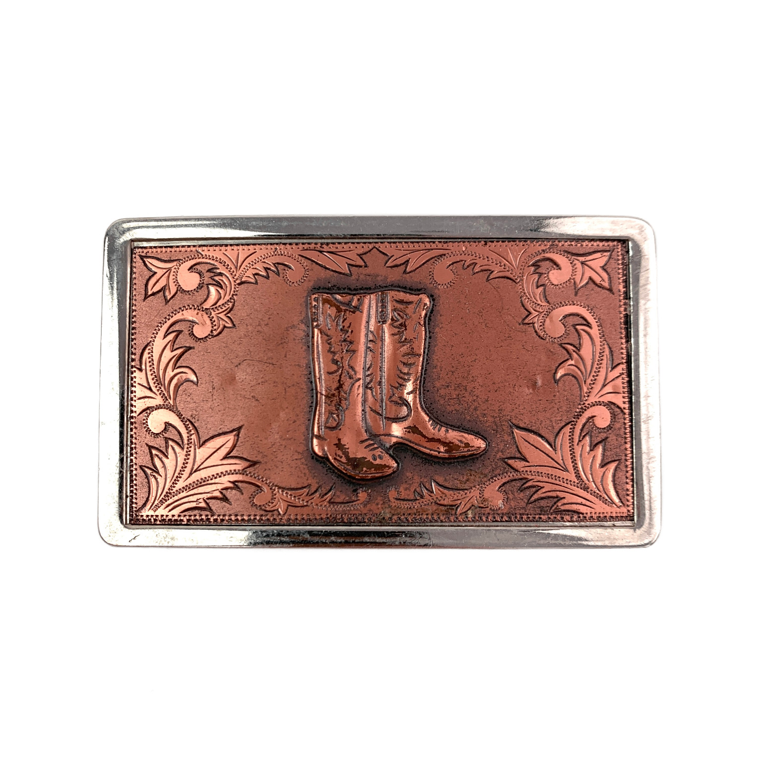 Western Cowboy Boots Belt Buckle Copper Silver Tone Engraved