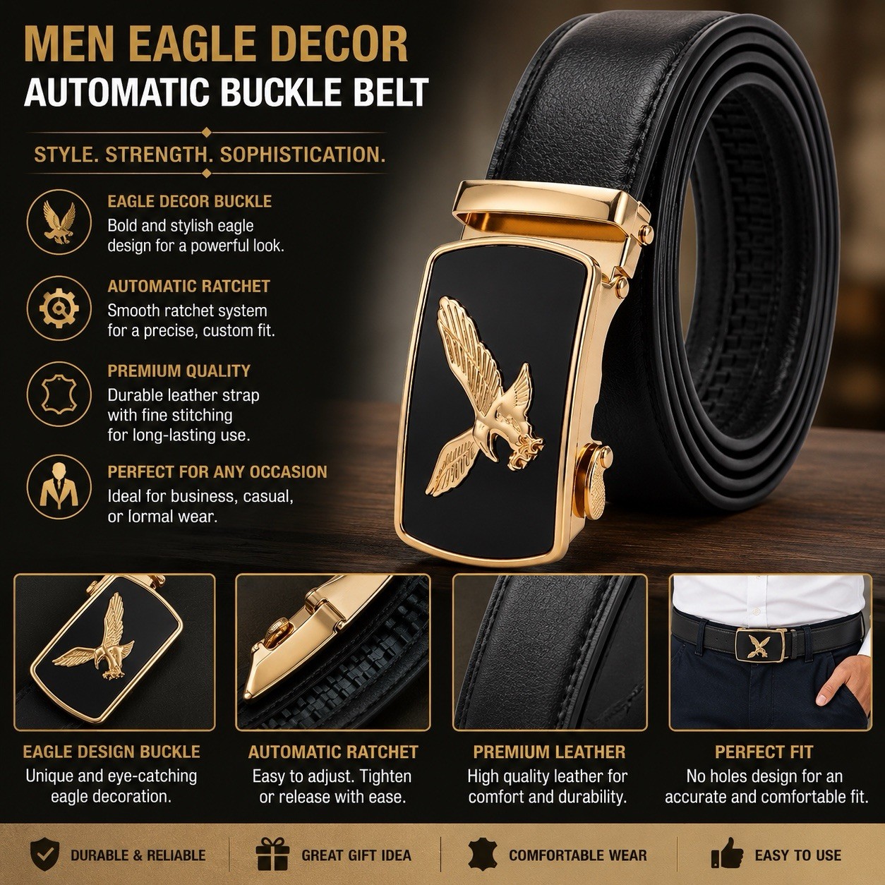 Men’s Eagle Decor Automatic Ratchet Belt – Adjustable Dress Belt for Men