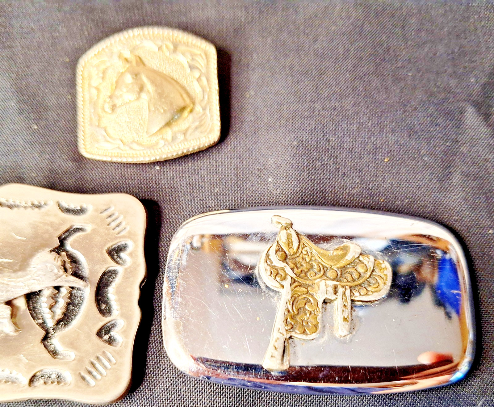 2 Vintage Cowboy Belt Buckles (Road Runner and Saddle) & Bolo Tie clasp / clip