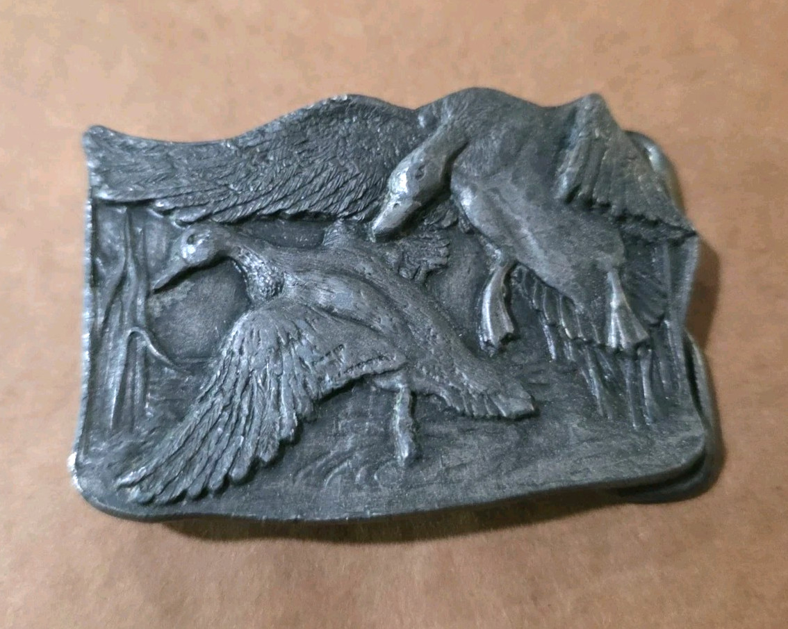 1977 Belt Buckle Bergamot Brass Works Vintage Collectible Metal Ducks Birds Hunt