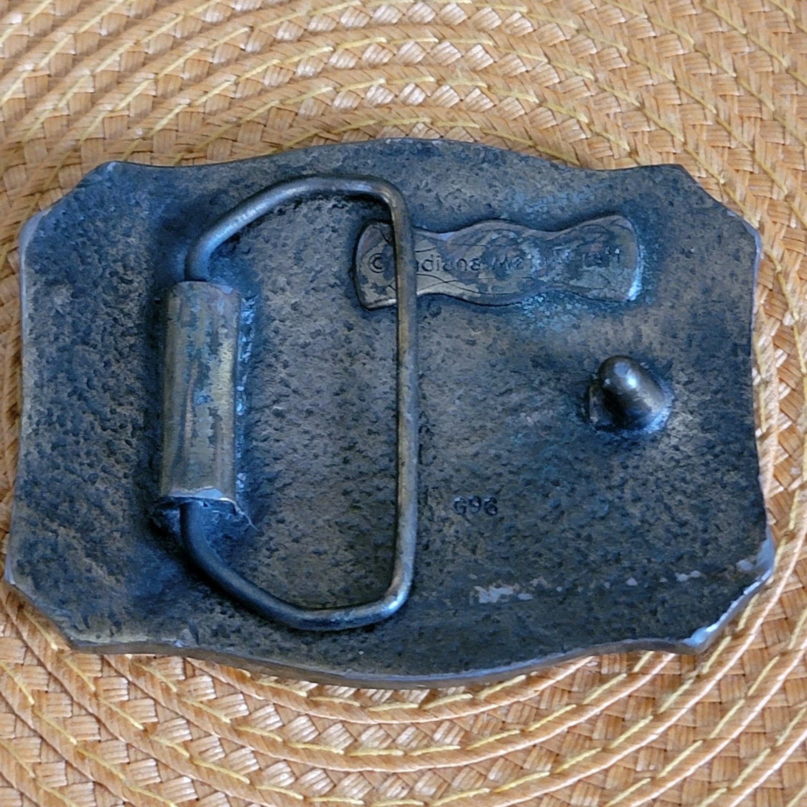 VTG New England Antiqued Brass Belt Buckle Embossed Country Road Indiana Metal