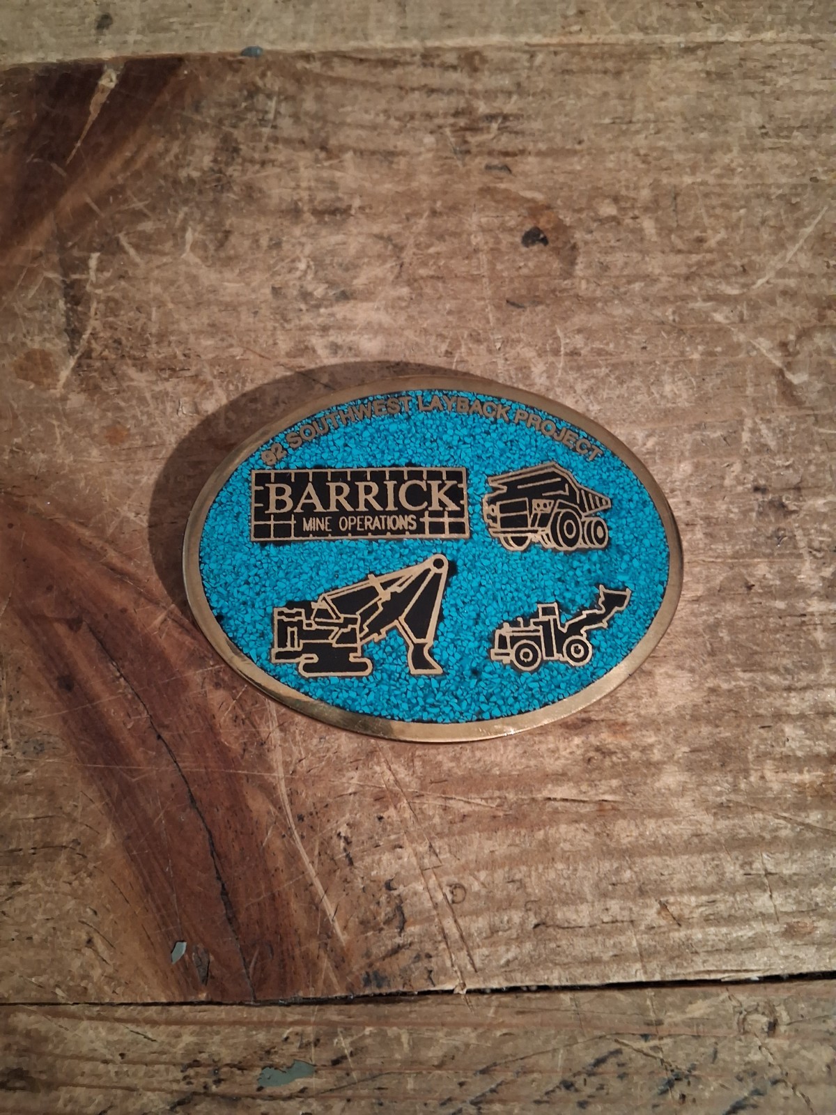 Vintage Brass Turquoise Excavator Belt Buckle, Barrick Gold Mine, Vegas 92