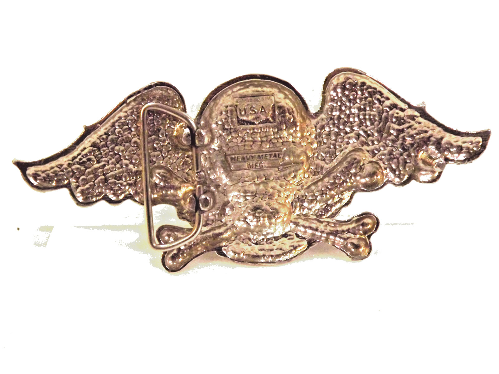 Skull Heavy Metal Belt Buckle Cross Bones w Wings Silver Tattoo Size 6&Prime;x 2.5&Prime;