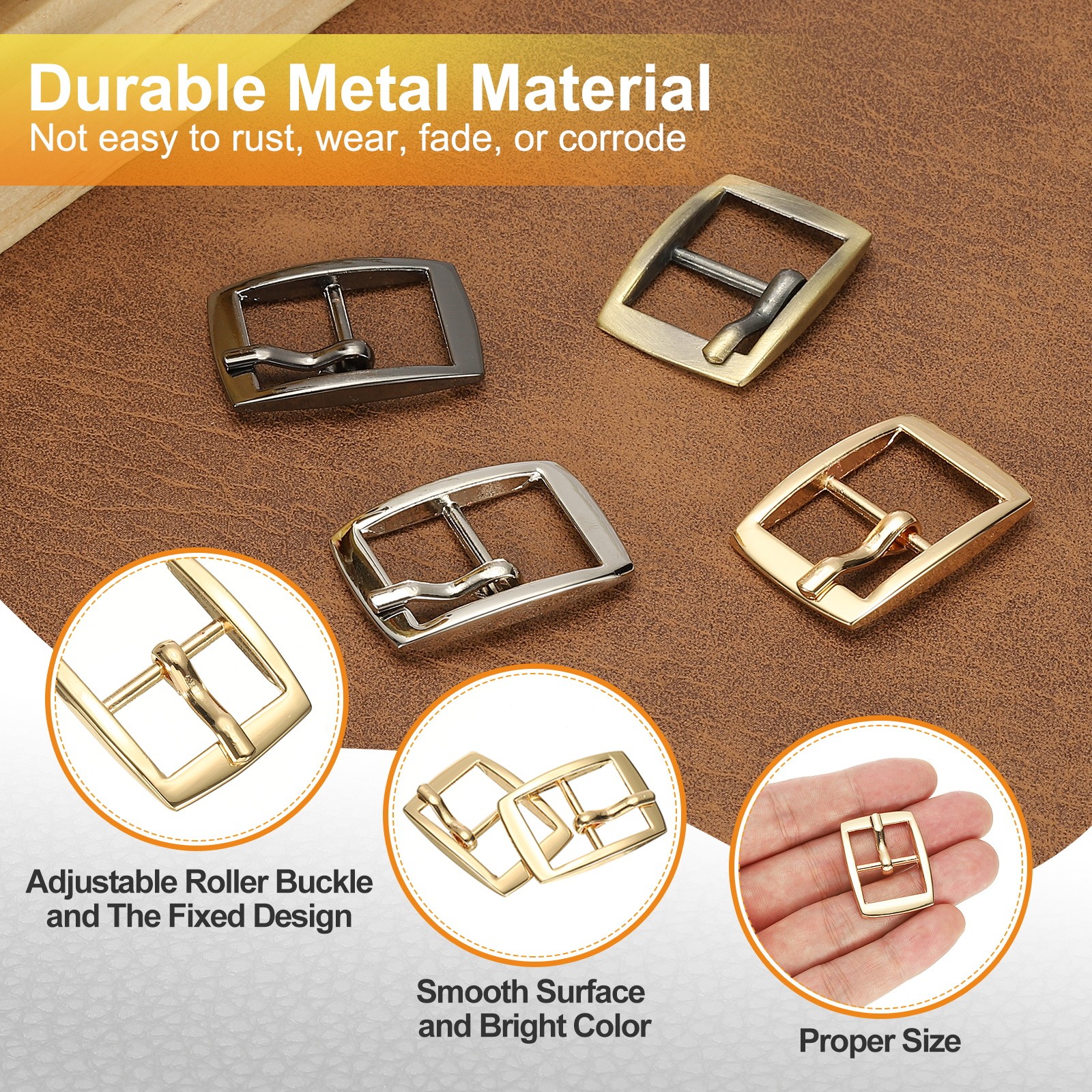6 Pcs 0.6 Inch Single Prong Buckles Square Center Bar Buckles, Gold Tone