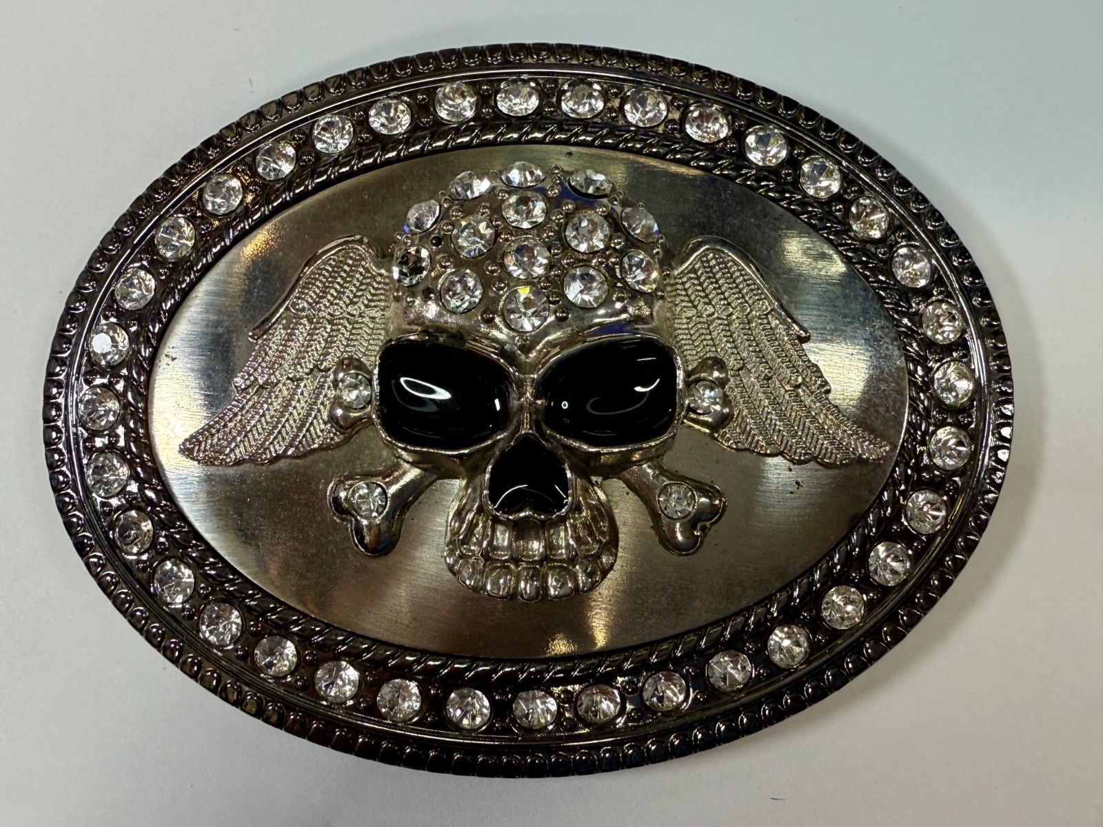 Skull Wings Crossbones with Clear Rhinestone Halloween Gothic LARGE Belt Buckle