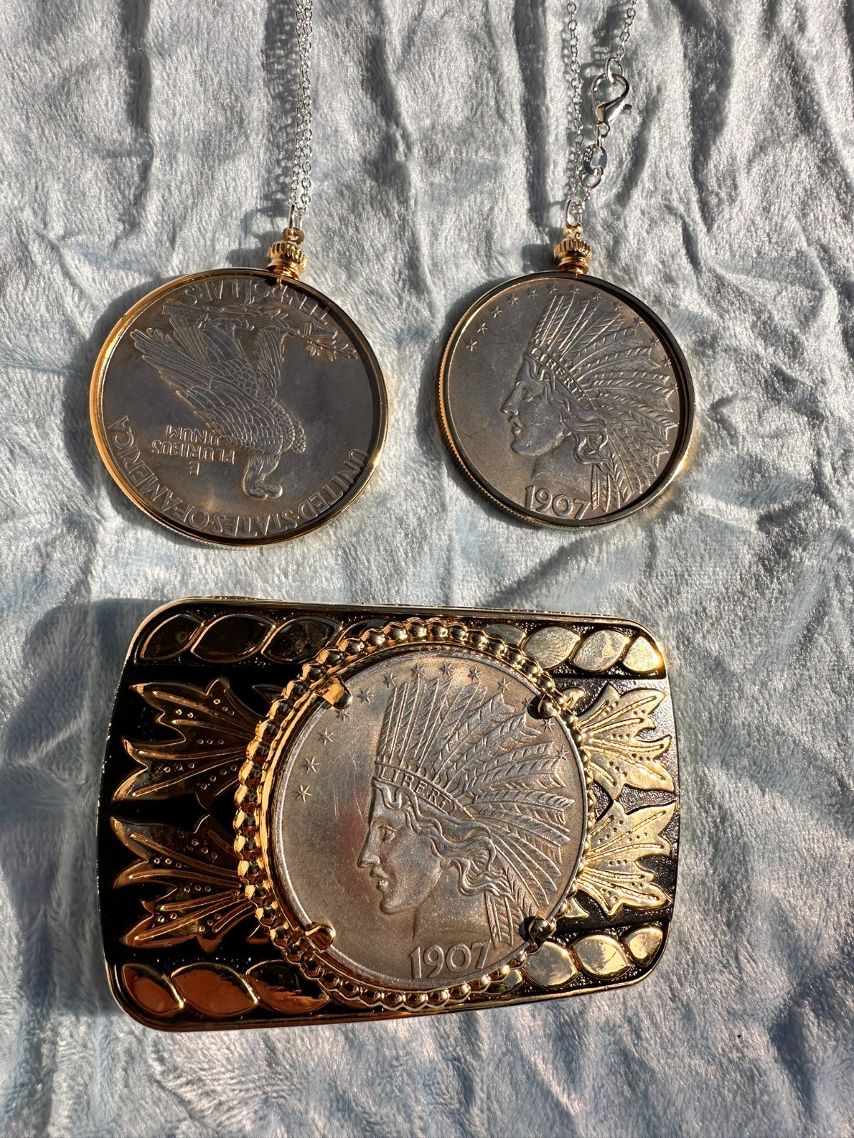 Antique 1907 Silver Indian Head Eagle & 24K Gold Belt Buckle Belt Bar Necklace