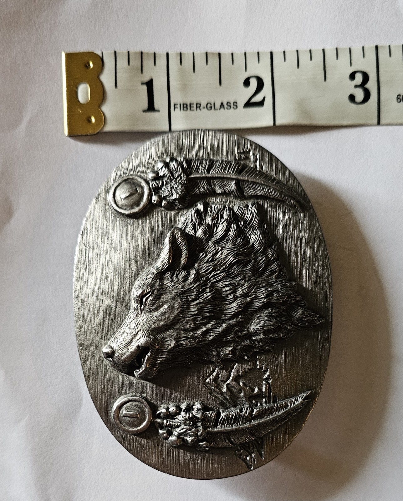 Vintage 1993 Siskiyou Pewter Howling Wolf Spirit Belt Buckle Feathers O-8