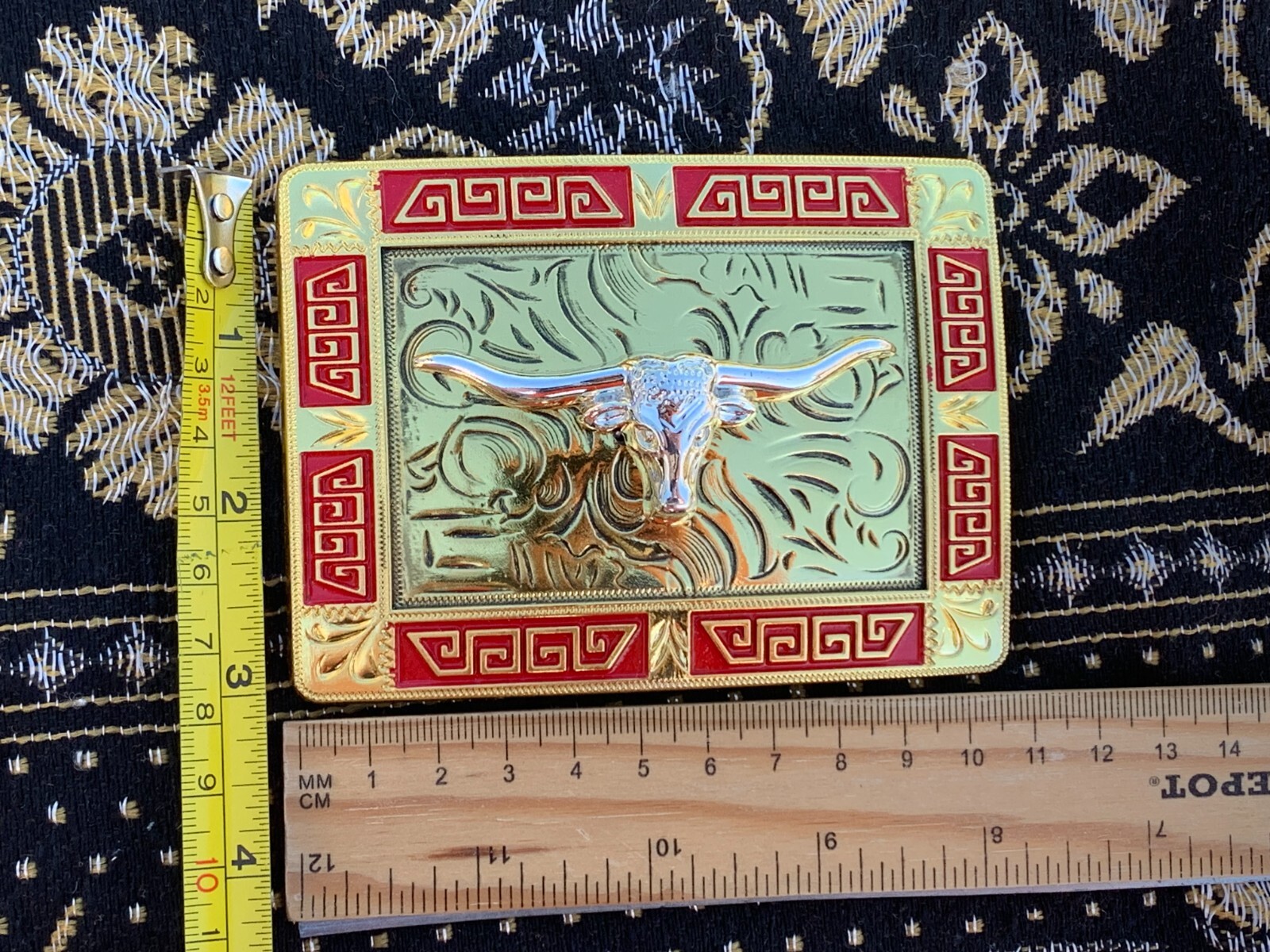Western Buckle Gold Red Silver Longhorn Cowboy 2 »Buckle Hebilla Vaquero Toro