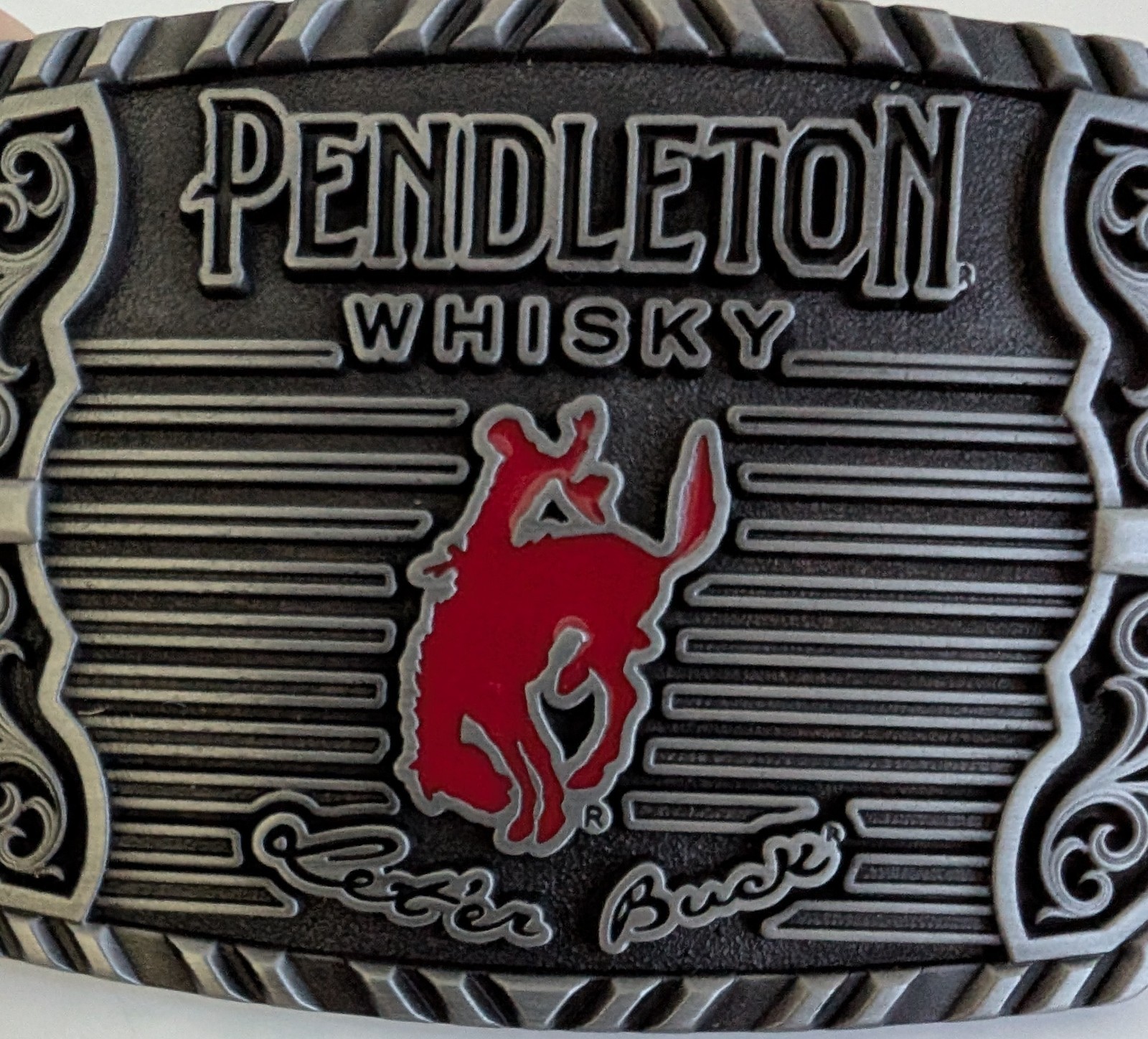 Pendleton Whisky belt buckle let er’ buck silver black red rodeo 2025