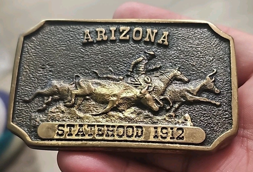 Vintage Brass Belt BUCKLE ARIZONA Statehood 1912 3.25&Prime;x2&Prime;