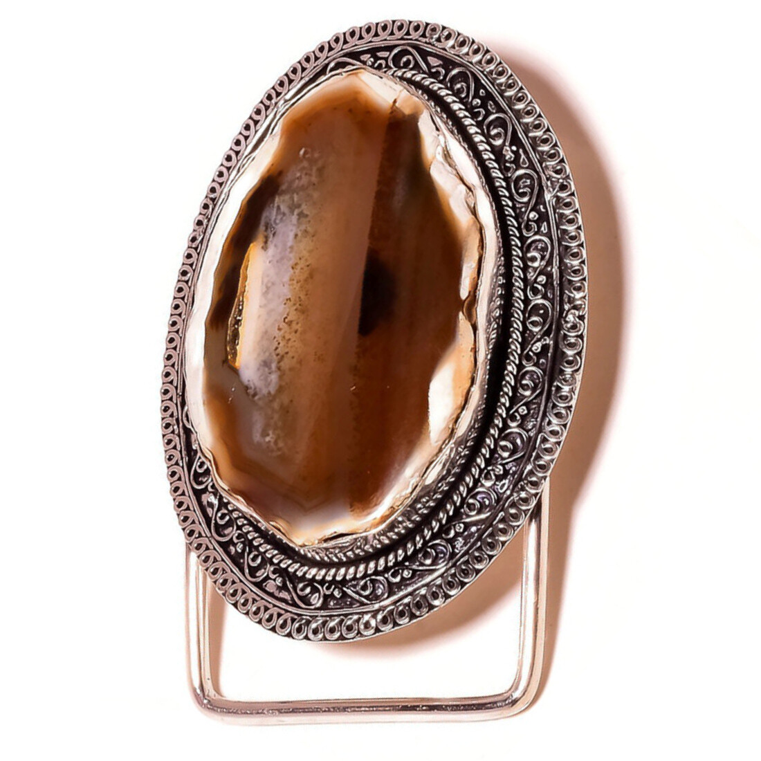 Brown Agate Extra Large Gemstone Handmade Oxidized Engraved Vintage Belt Buckle