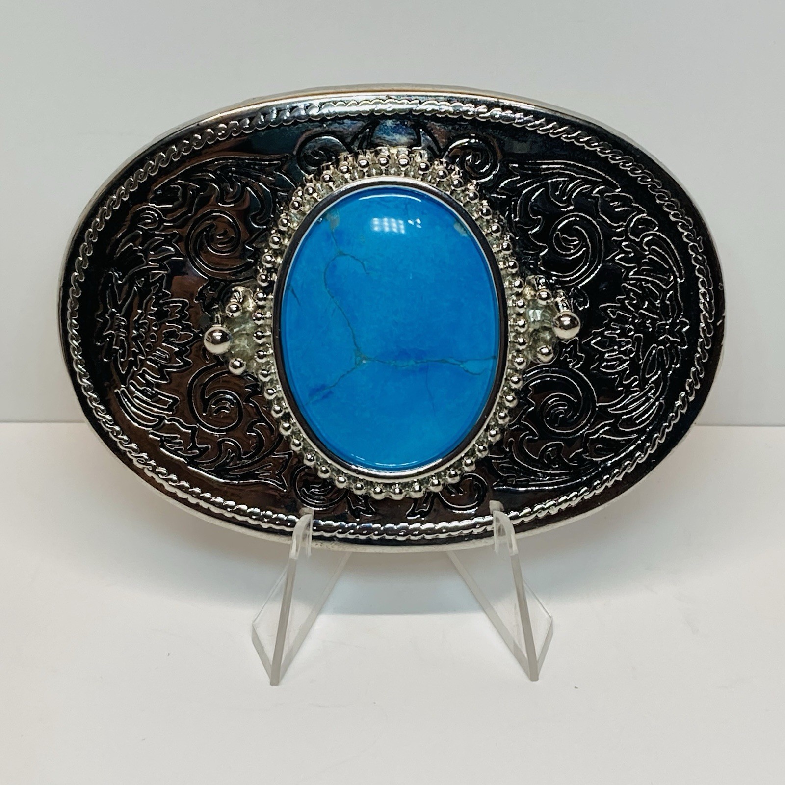 Turquoise Stone Silver Western Country Unisex Engrave Design Belt Buckle