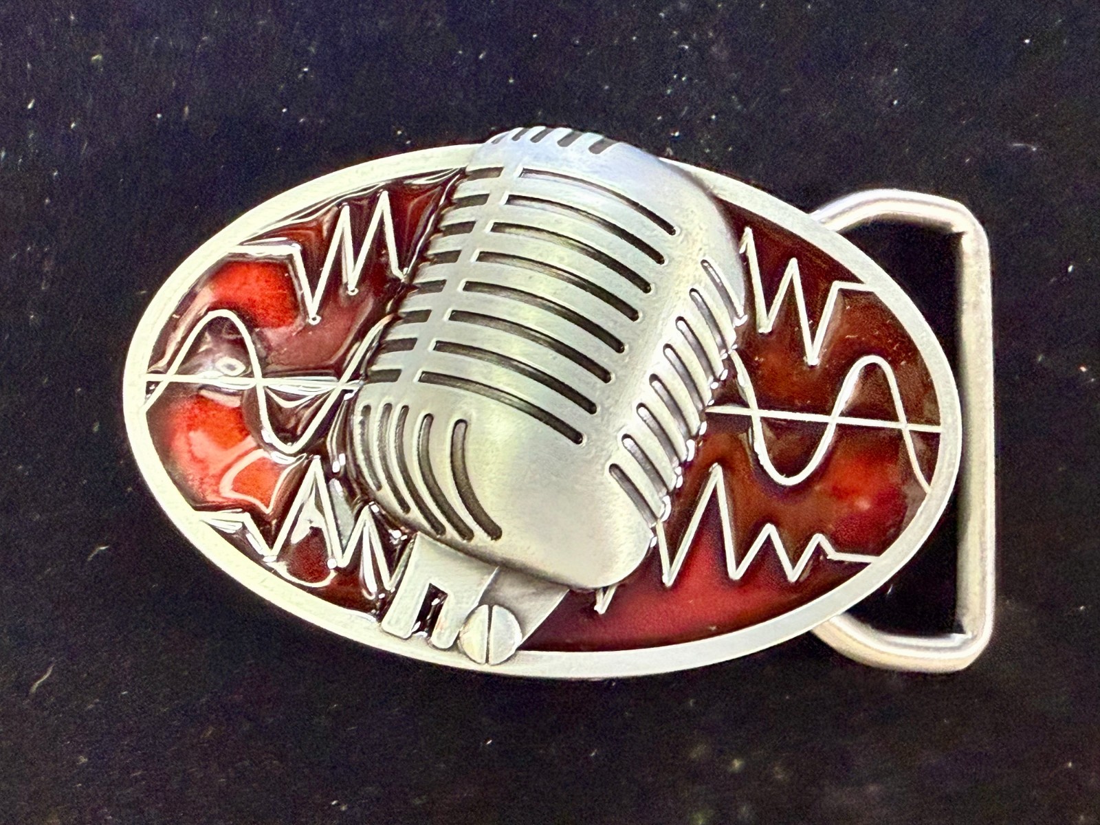 Retro Music Elvis Style Microphone Red Enameled Musician Ribbon Mic Belt Buckle