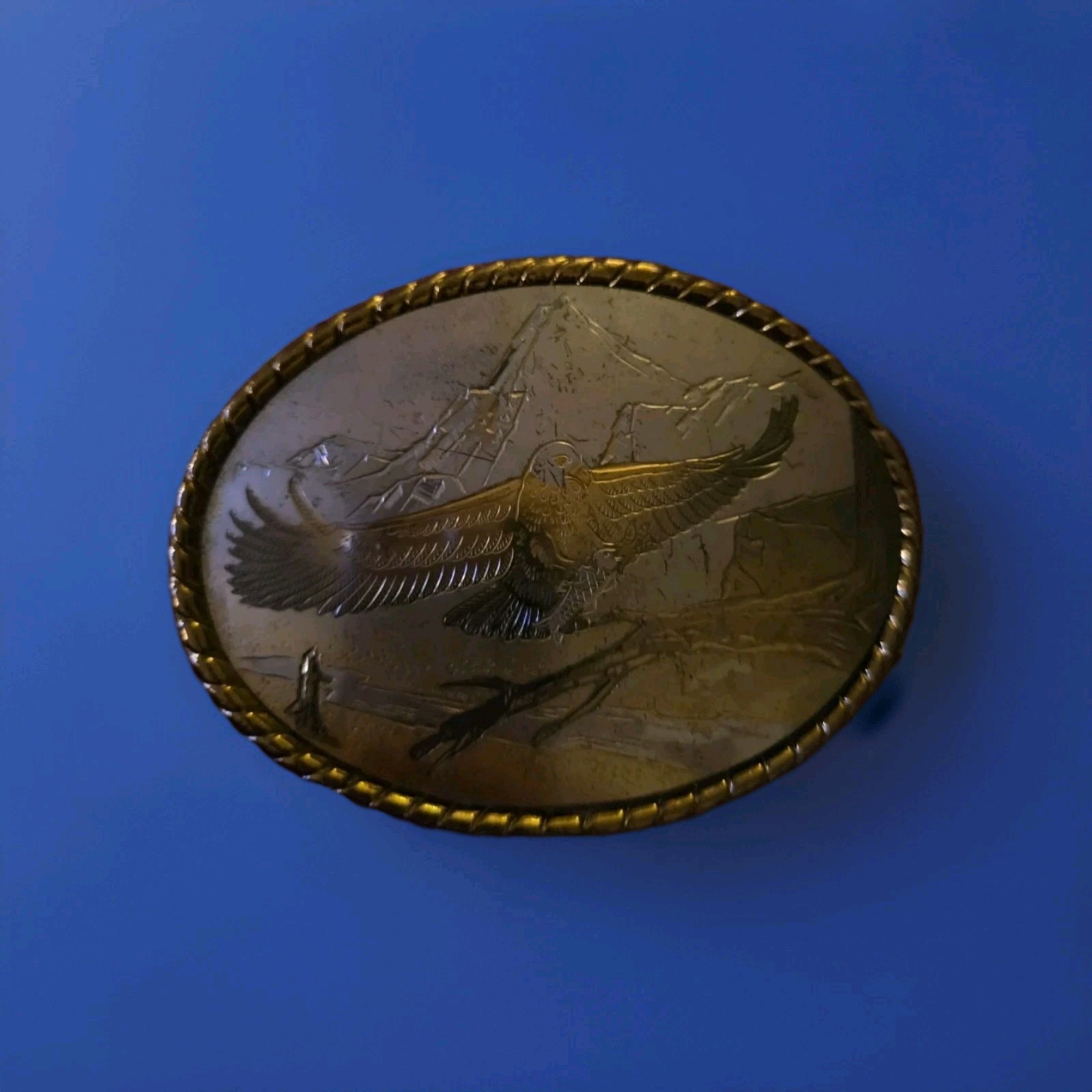VTG Bald Eagle Mountain Scene Belt Buckle USA Western Gold Trim Wesco/Walsco