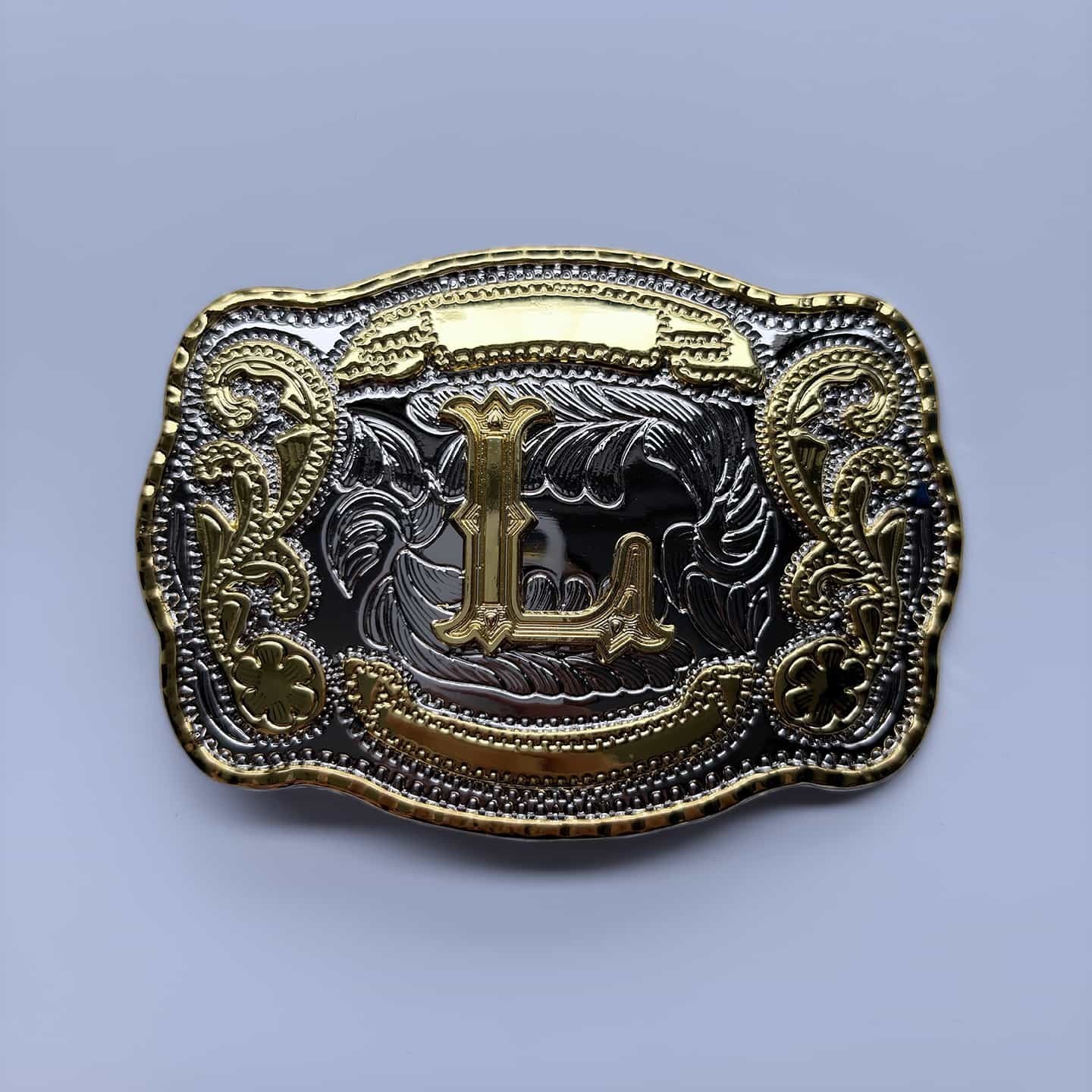 Bright Silver With Gold Initial Letter A-Z Cowboy Cowgirl Rectangle Belt Buckle