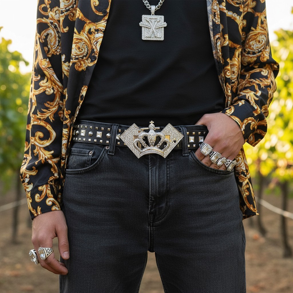 Men Silver Metal Fancy Buckle Street Fashion Bling King Crown Ace Cards Dressy