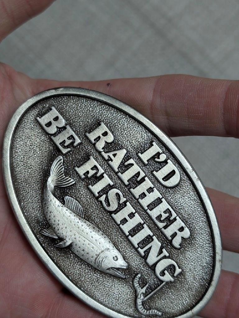 vintage USA made FISHING belt buckle 1970s brass TROUT sky patrol CAPT HAWKS