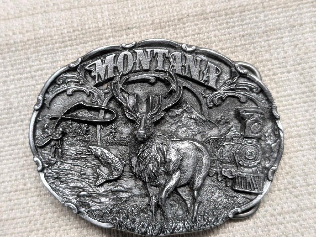 vintage MONTANA belt buckle ELK heavy pewter WESTERN train FLY FISHING siskiyou