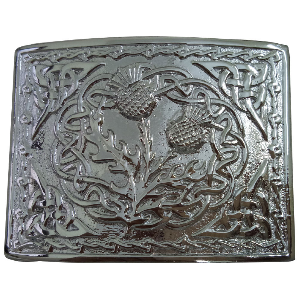 AAR Scottish Kilt Belt Buckle Thistle Emblem Celtic Knots Chrome Finish