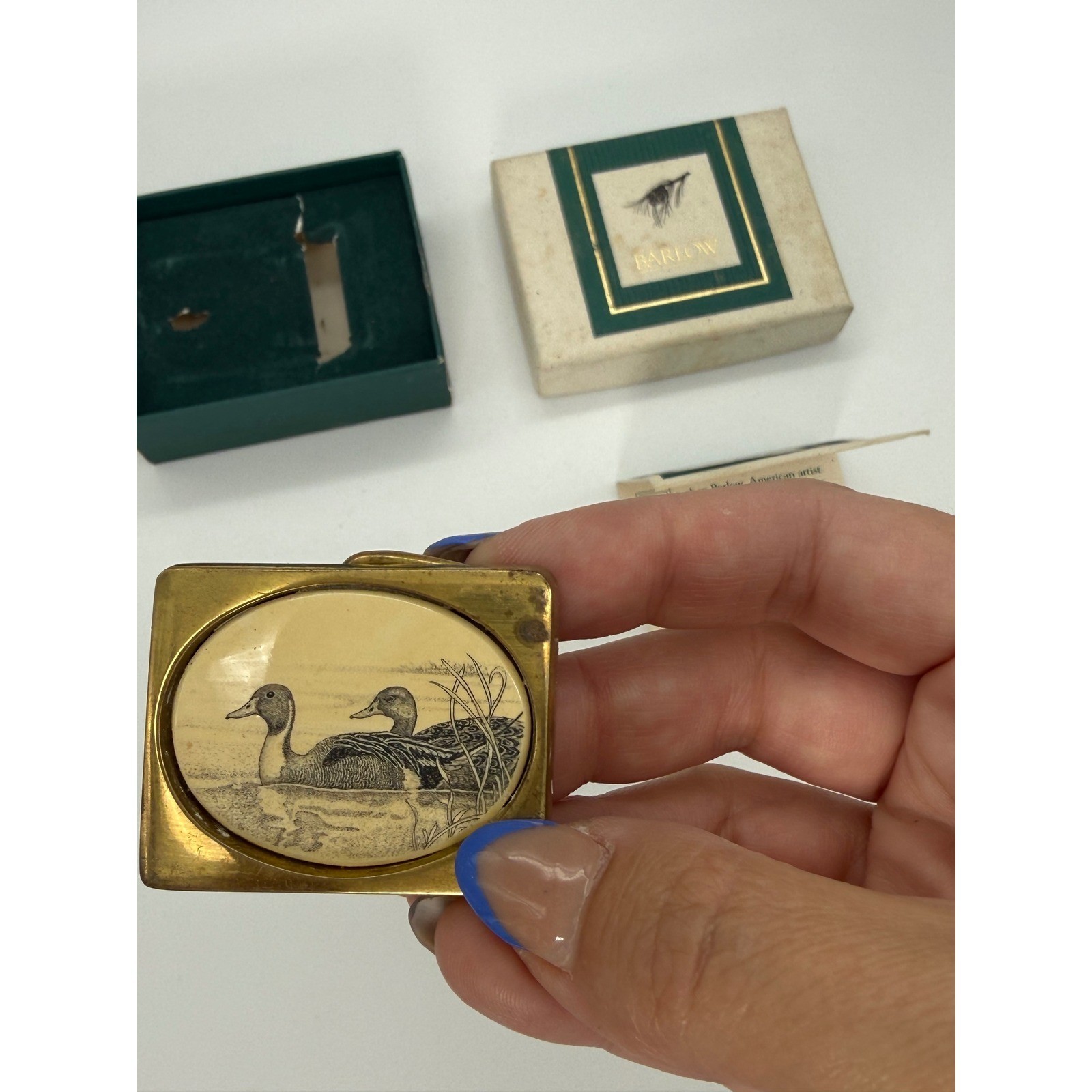 Vintage Barlow Solid Brass Belt Buckle Mallard Duck Scrimshaw Art Made in USA