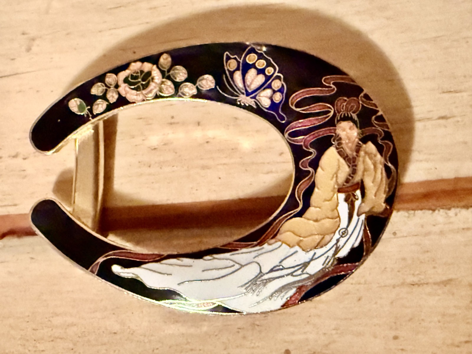 Cloisonne Enamel Buckle Asian Woman Butterfly Floral Goldtone