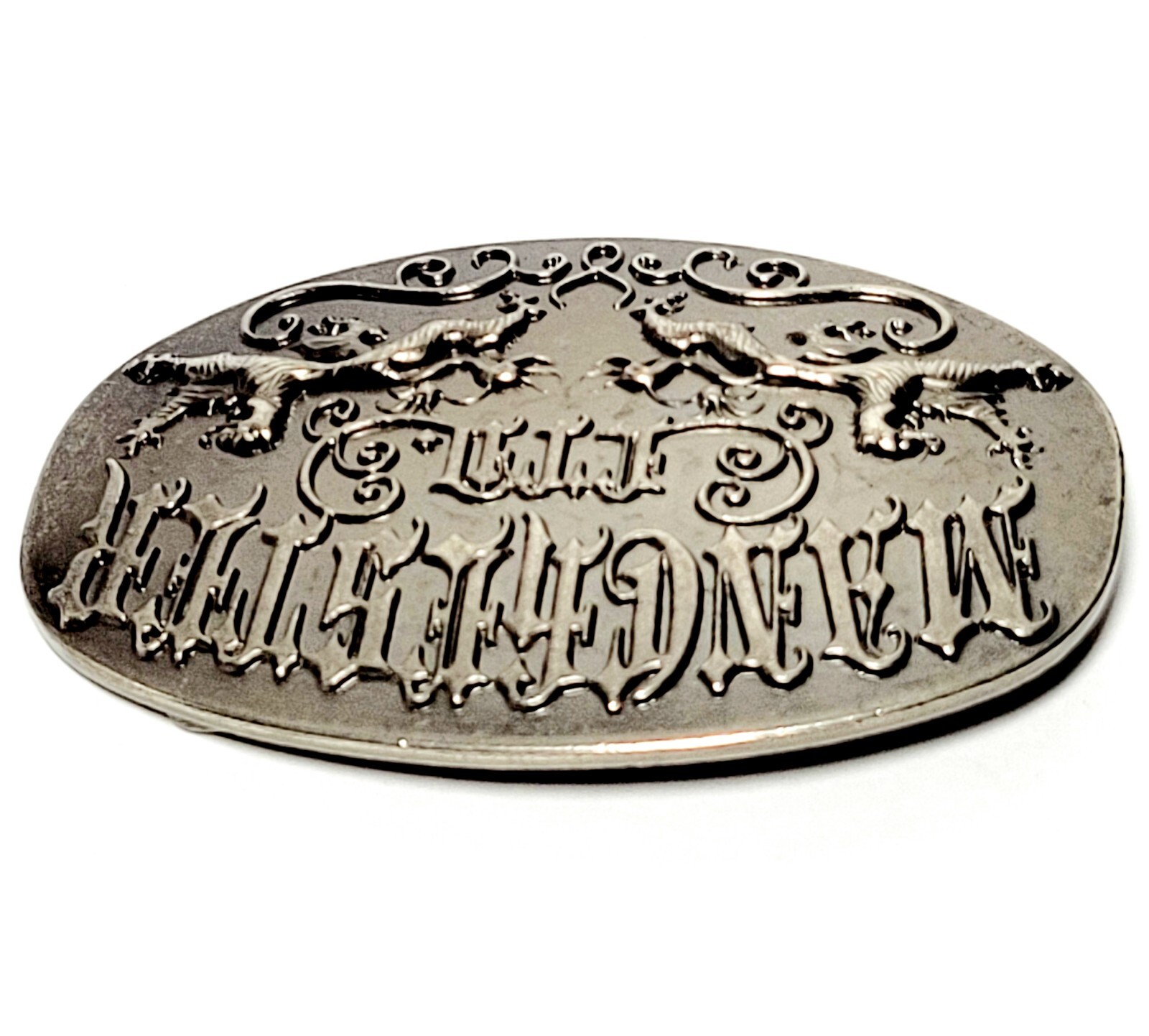 MANCHESTER LTD VTG FORGED BELT BUCKLE Lions Crest & Scroll Design 4&Prime;wide VGC!