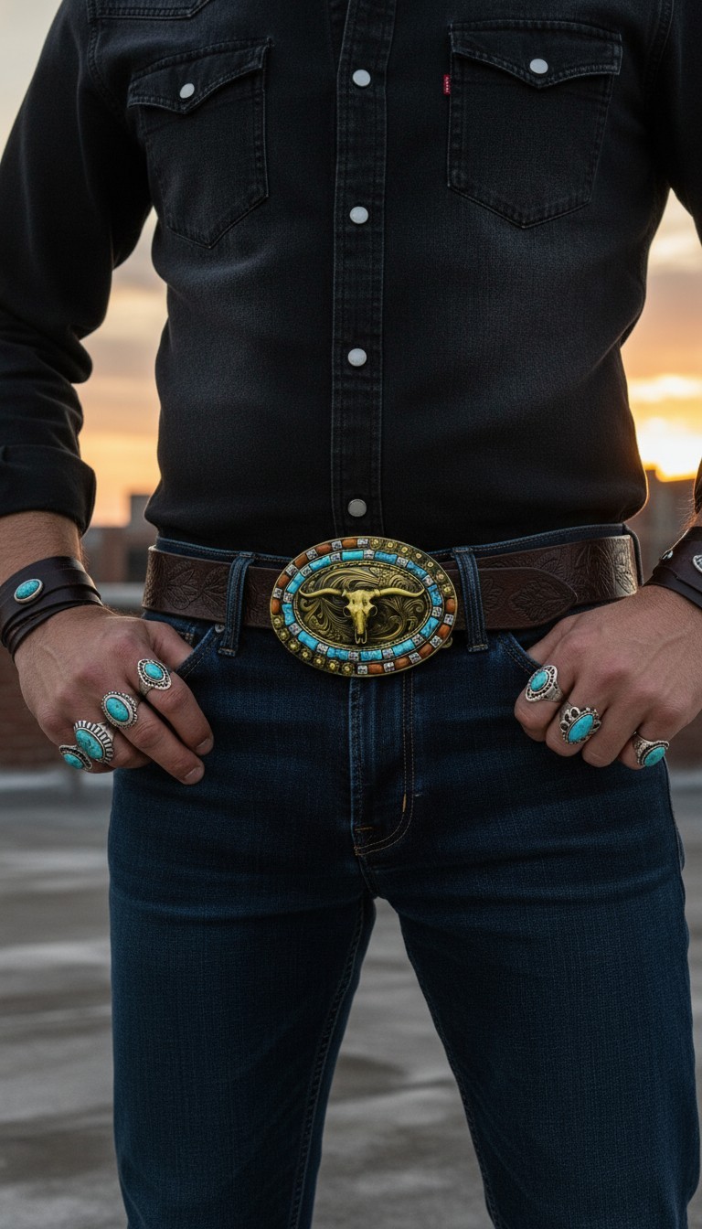 New Men Women Rusty Gold Metal Buckle Western Fashion Bull Long Horns Cow Texas
