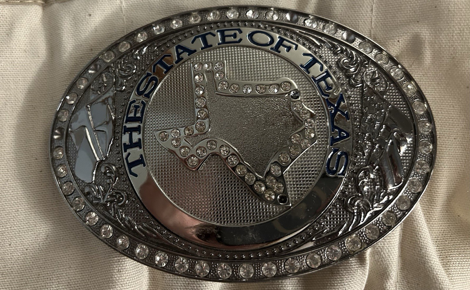 Belt Buckle « The State of Texas » with Rhinestones Large Metal, Silver & Bright