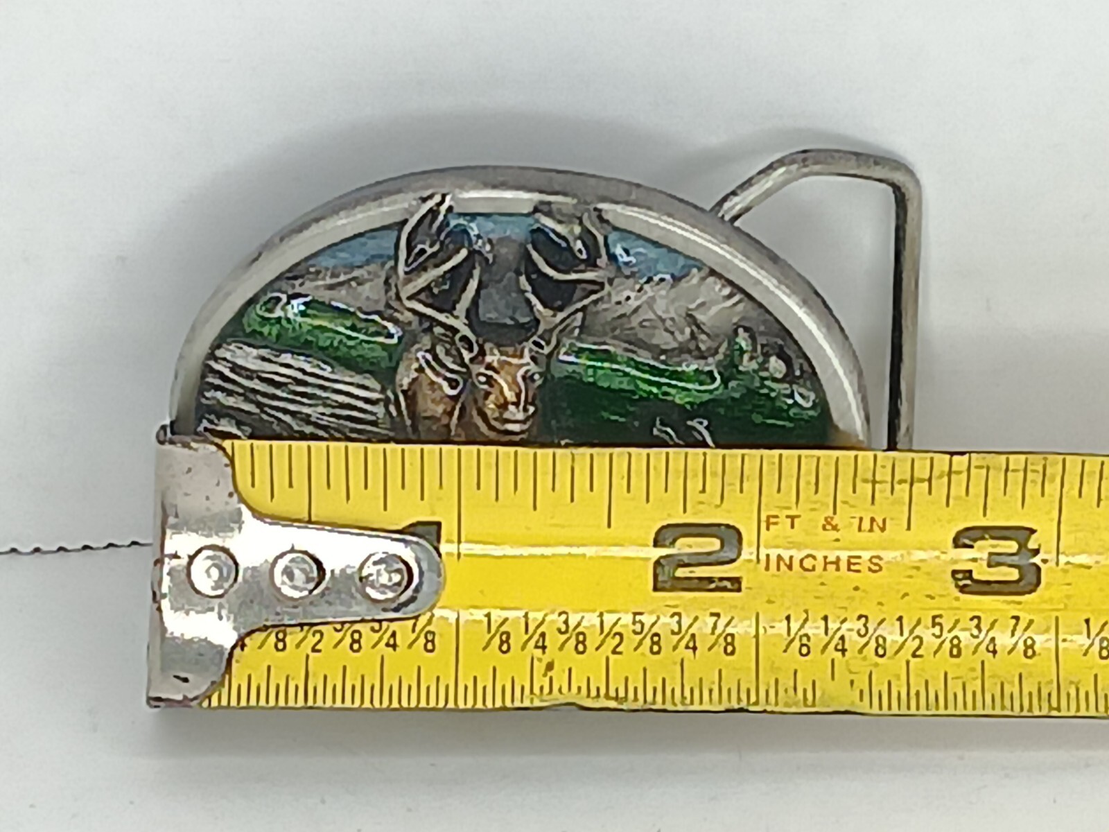 VTG 1984 Belt Buckle Bergamot Brass Works Pewter Buck Deer Hunting Nature Scene