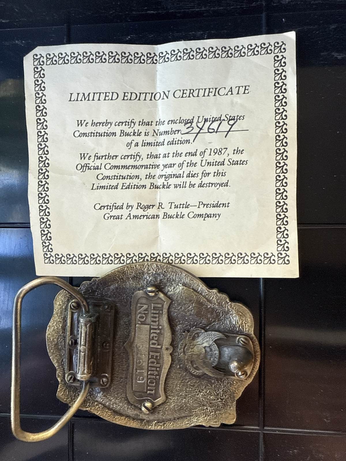 Constitution 200th Anniv 1787-1987 Commemorative Buckle COA