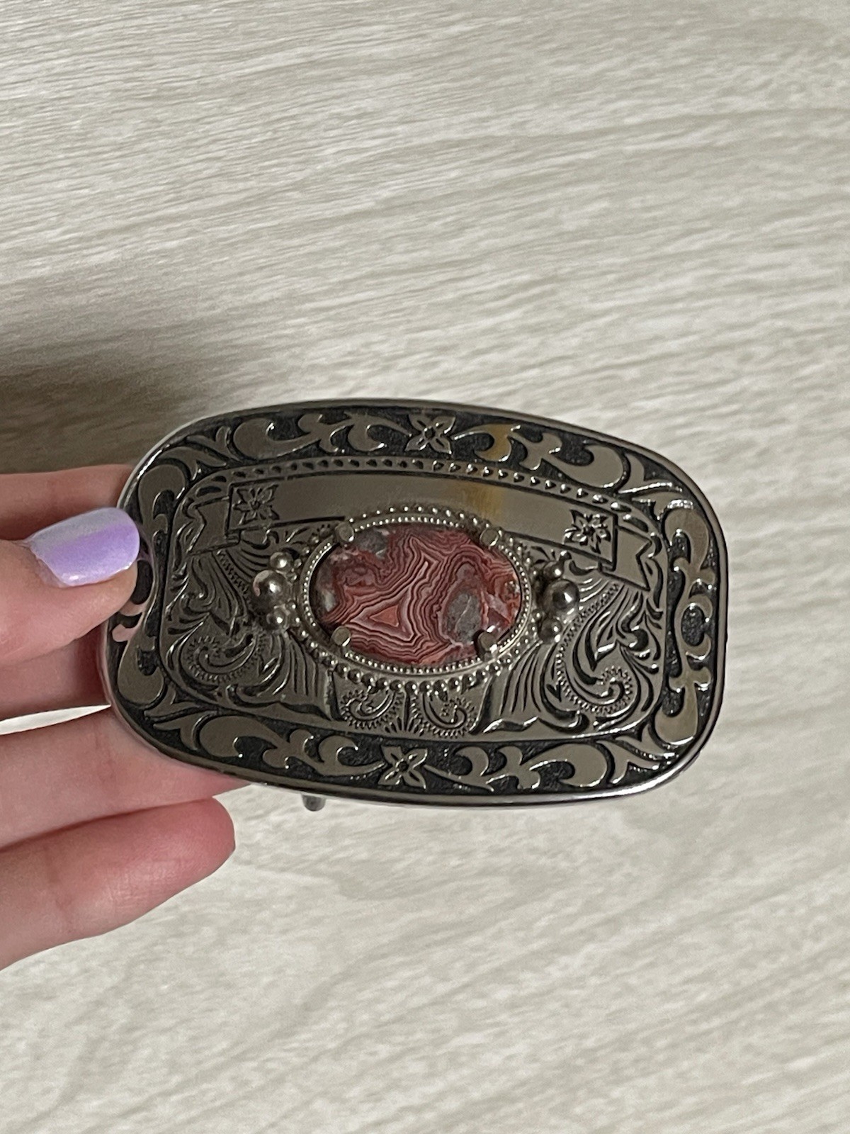 VTG Western Country Silver Tone Rhodochrosite Stone Belt Buckle 3.25&Prime; x 2&Prime;