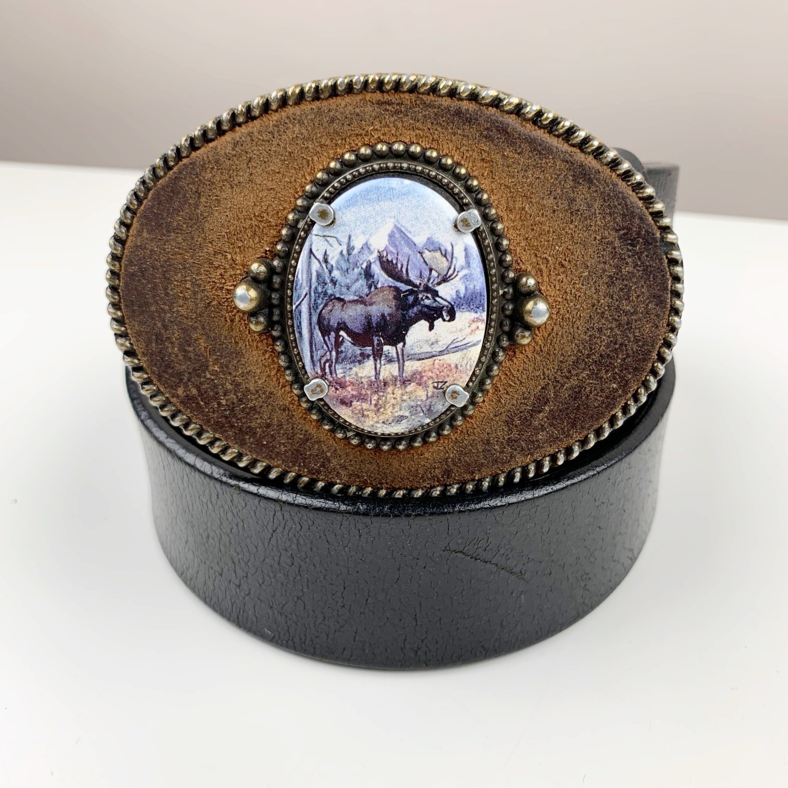 Artistic Impressions Moose Belt Buckle Julie Zsupnik Porcelain Leather Belt L
